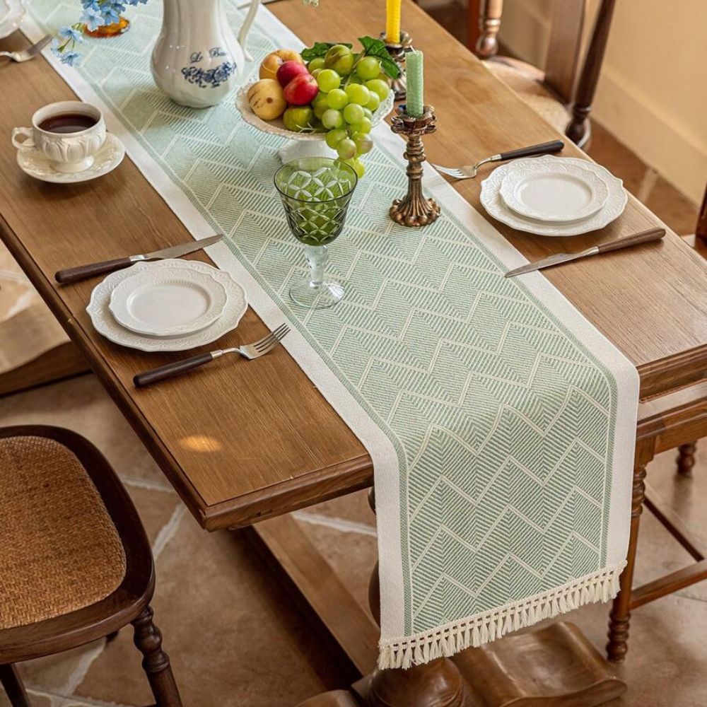Woven Table Runner | Beige Zigzag Pattern with Tassels