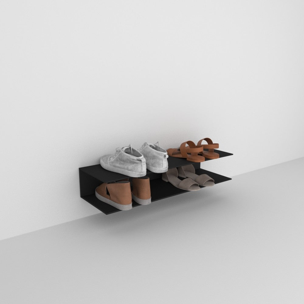 Minimalist black Wall Mounted Horizontal Shoe Rack with three shelves displayed against a plain white background.