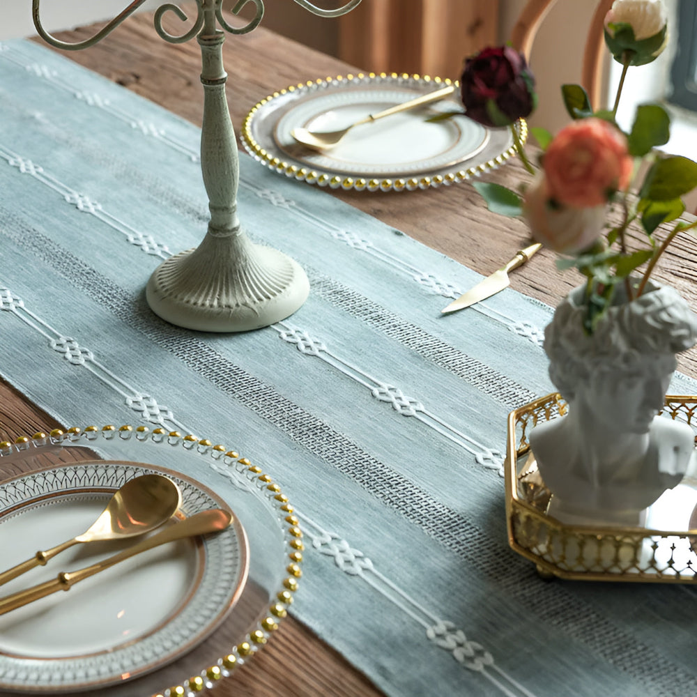 Blue Striped Table Runner | Fabric with Tassels