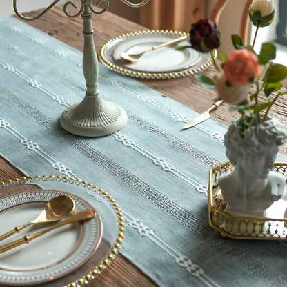 Blue Striped Table Runner | Fabric with Tassels