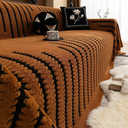 Striped Fringed Couch Cover | Plush Tufted Sofa Bedding