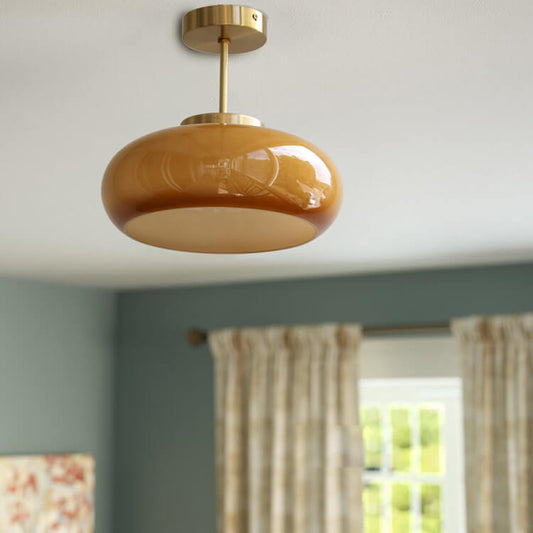 Brass Frame Yellow Glass Semi-Flush Ceiling Light