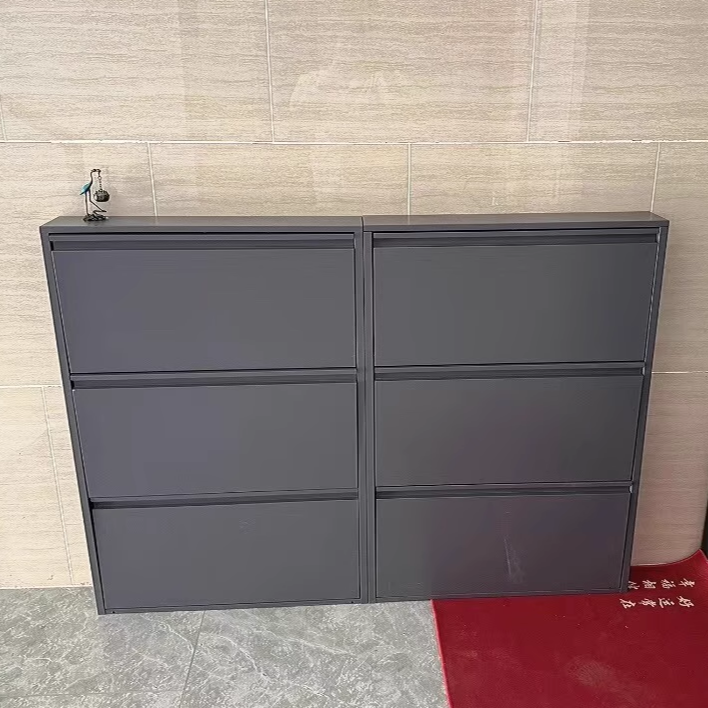 Slim Steel Flip Drawer Shoe Cabinet – Entryway Storage 3–4 Tier