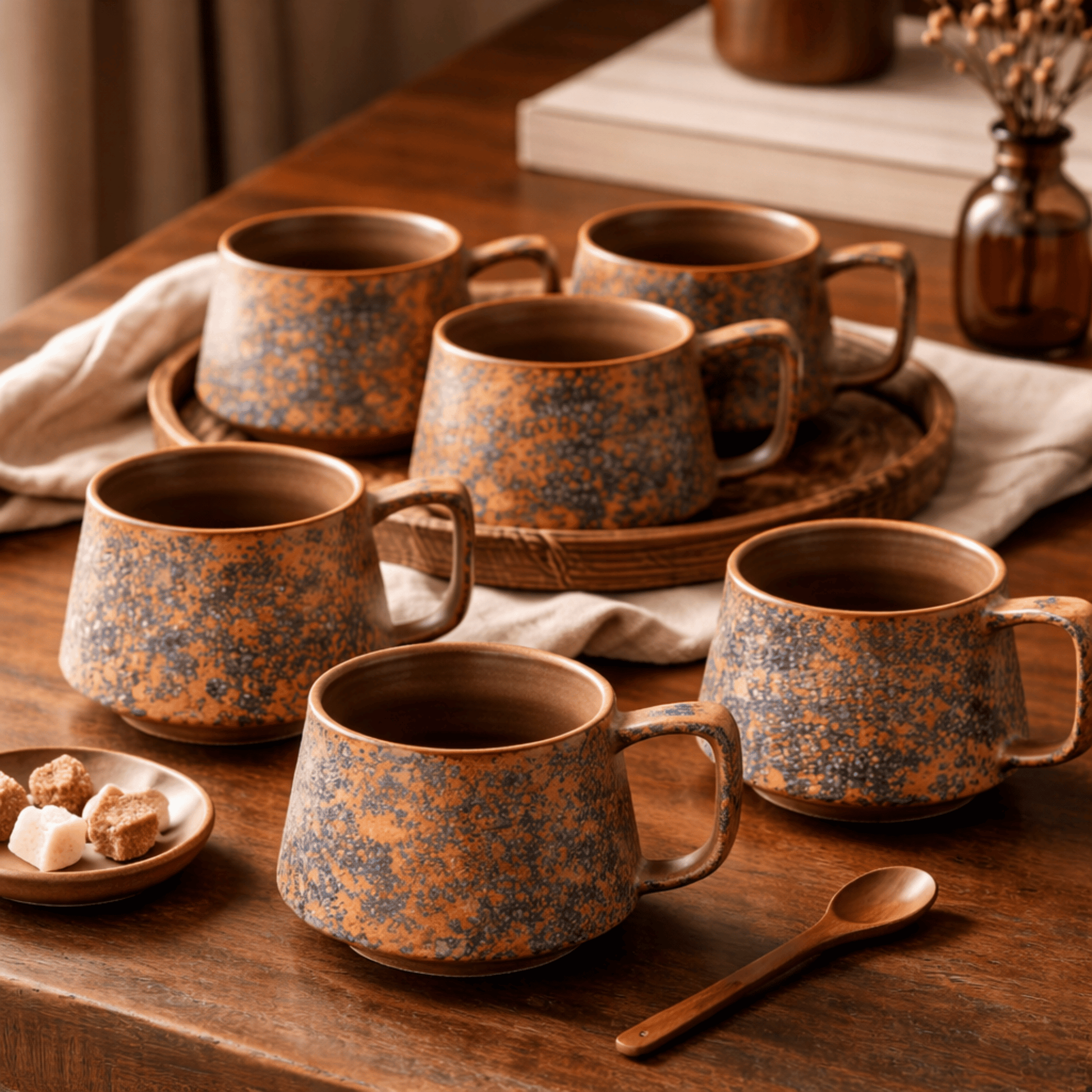 Set of brown ceramic mugs on a wooden table with a rustic feel.