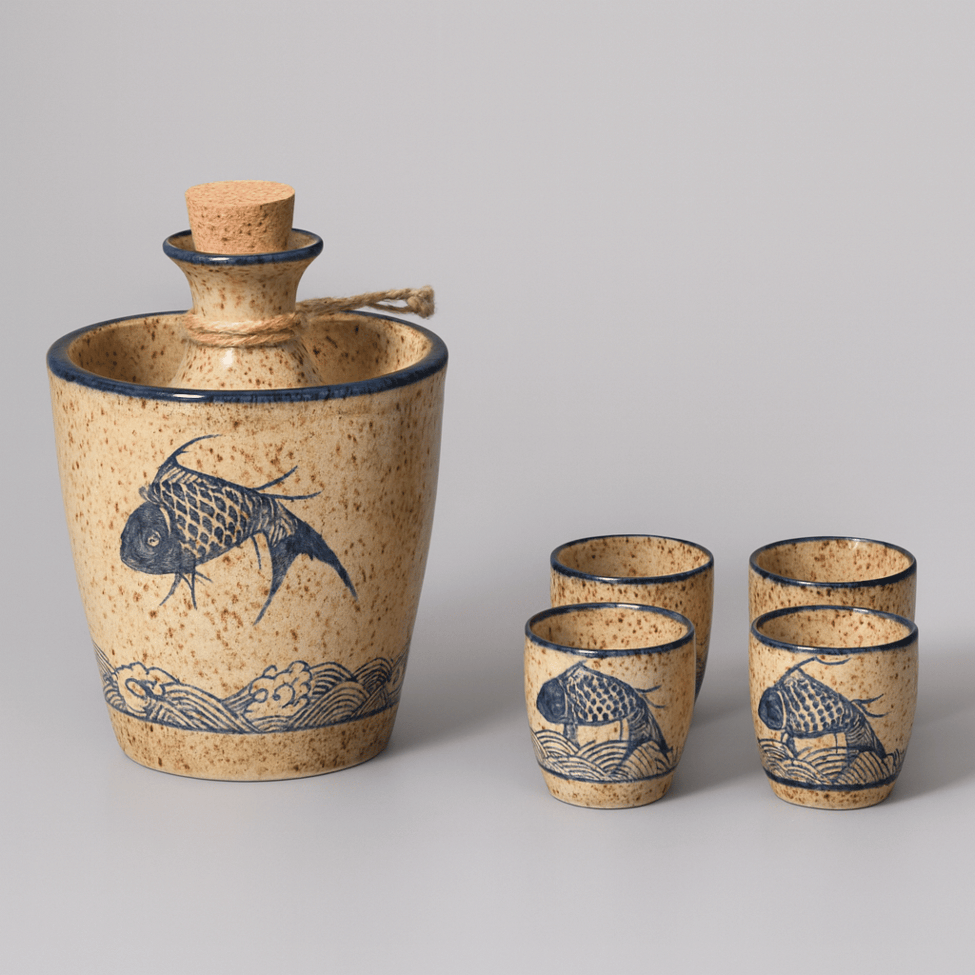 Cork-based drink set with blue fish designs on a gray background