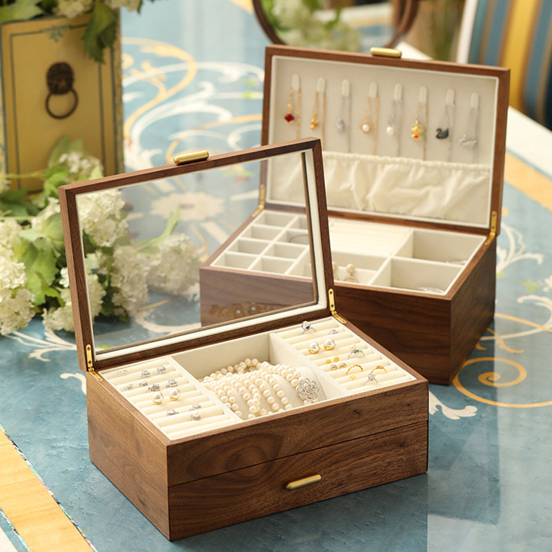 Walnut Jewelry Box with Sliding Drawers
