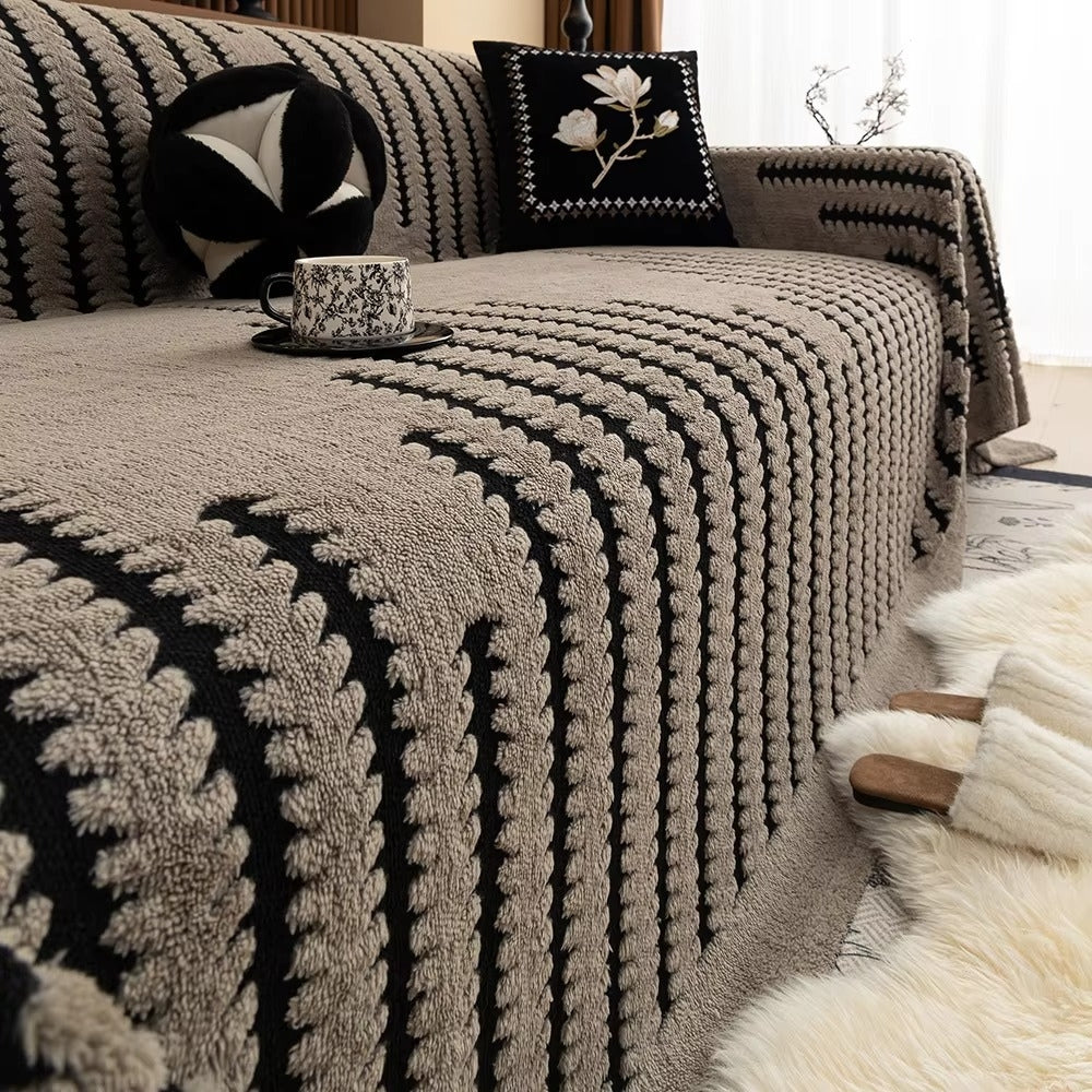 Striped Fringed Couch Cover | Plush Tufted Sofa Bedding