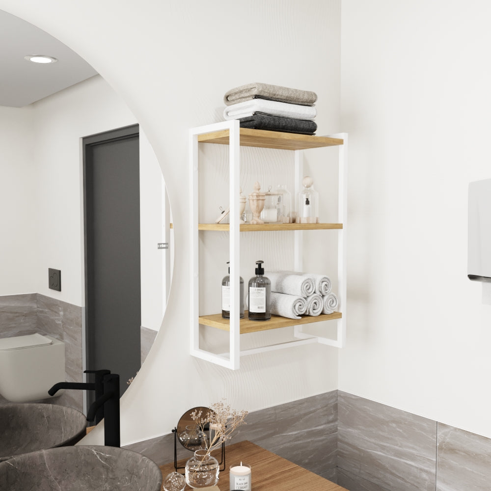 Black 3-shelf bath towel holder with open storage for folded towels.