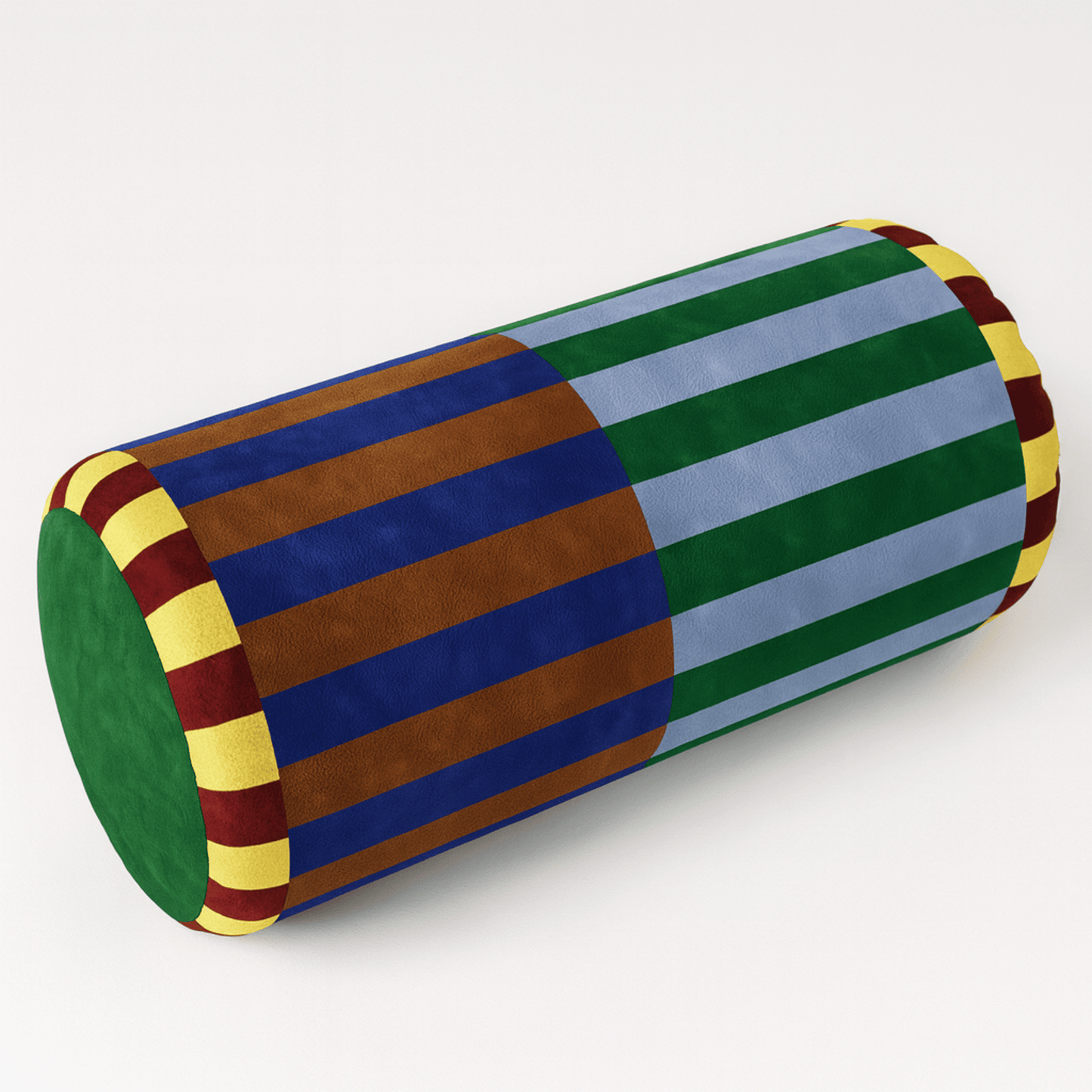Colorful cylindrical pillow with striped pattern on a white background