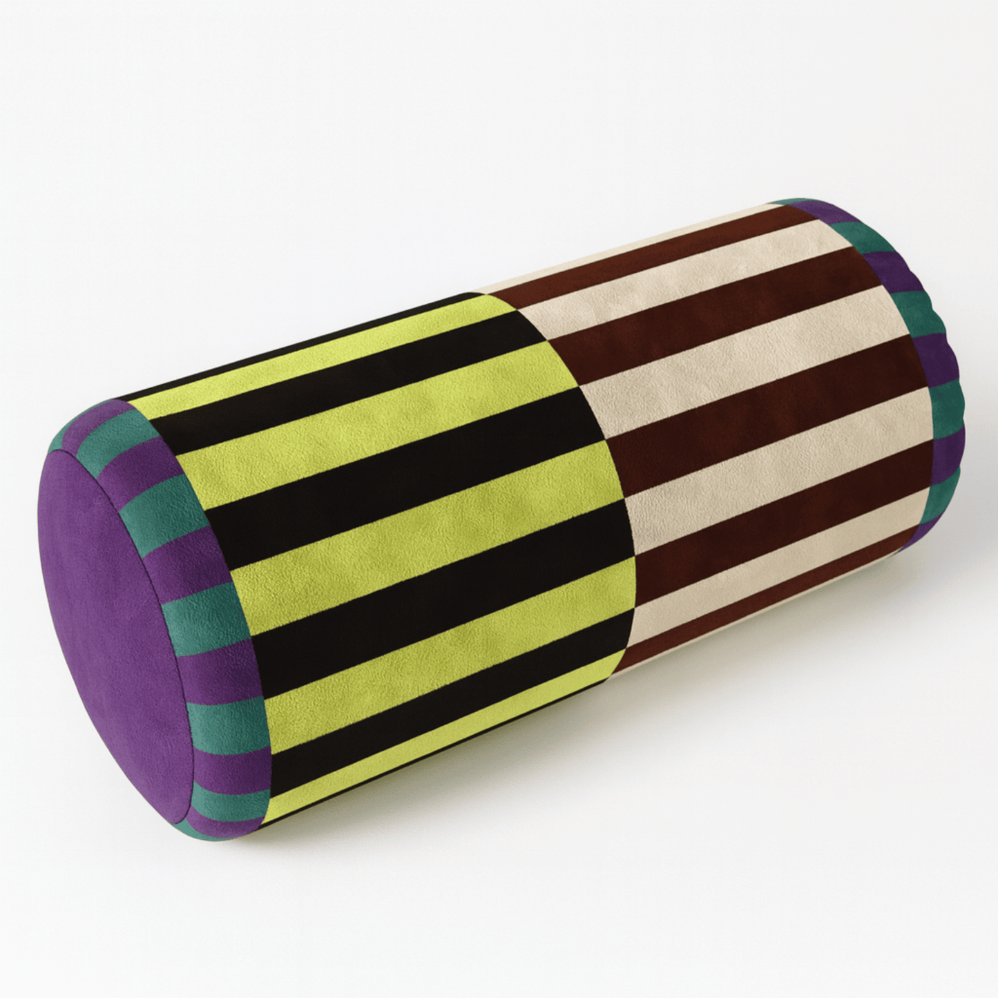 Cylindrical pillow with multicolored striped pattern on a white background