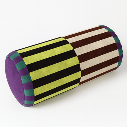 Cylindrical pillow with multicolored striped pattern on a white background