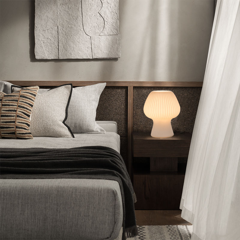Mushroom Table Lamp | Vintage Ribbed Glass Bedside Table Desk Light