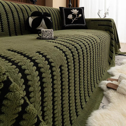 Striped Fringed Couch Cover | Plush Tufted Sofa Bedding