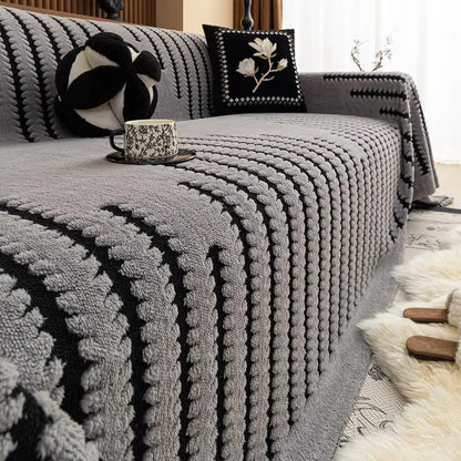 Striped Fringed Couch Cover | Plush Tufted Sofa Bedding