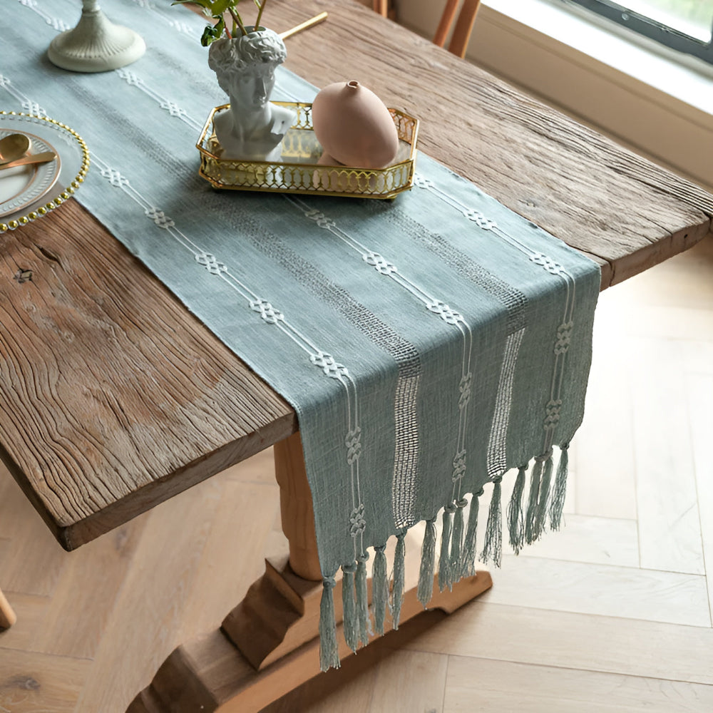 Blue Striped Table Runner | Fabric with Tassels