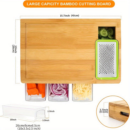Bamboo Cutting Board | Kitchen Prep Station with Storage Trays & Graters