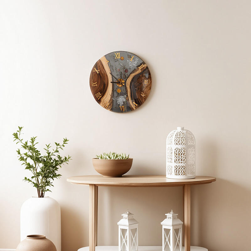 Walnut Wood Resin Floral Wall Clock
