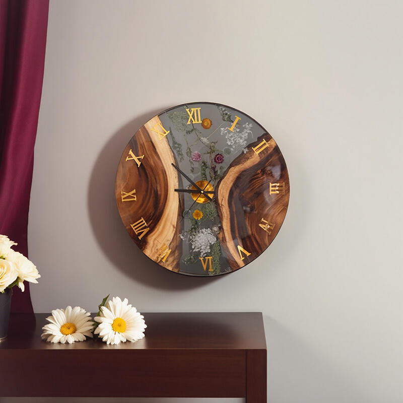 Walnut Wood Resin Floral Wall Clock