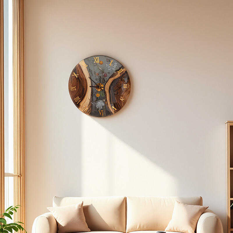 Walnut Wood Resin Floral Wall Clock