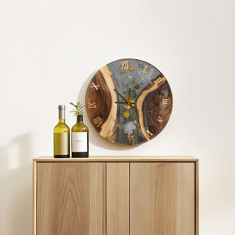Walnut Wood Resin Floral Wall Clock