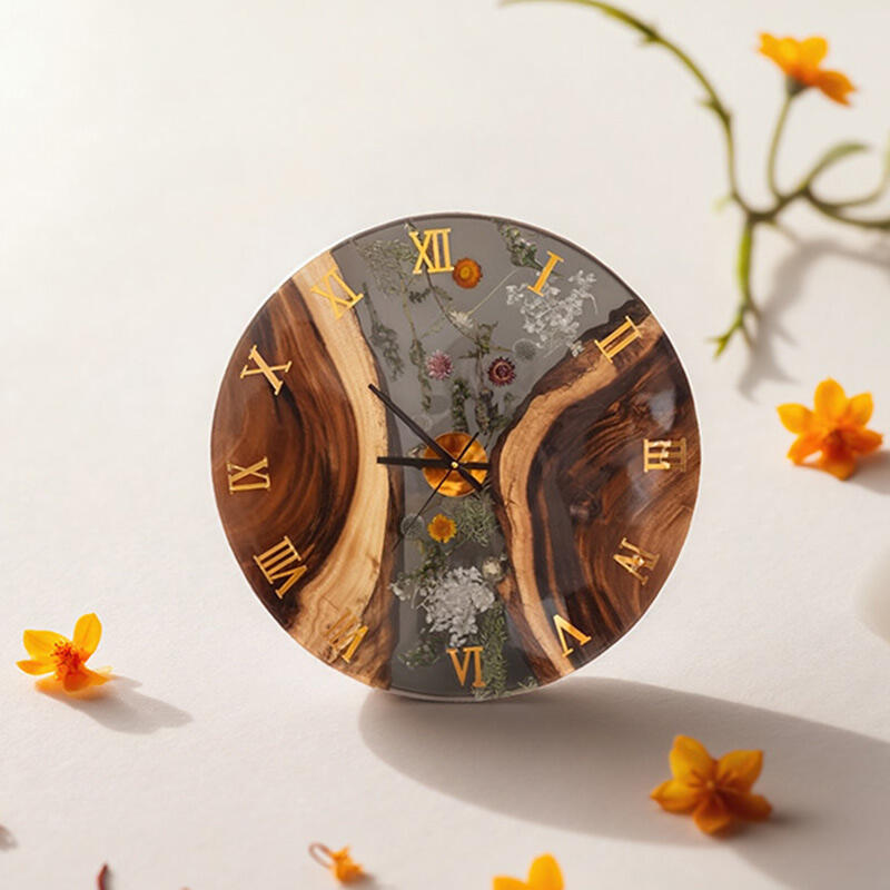 Walnut Wood Resin Floral Wall Clock