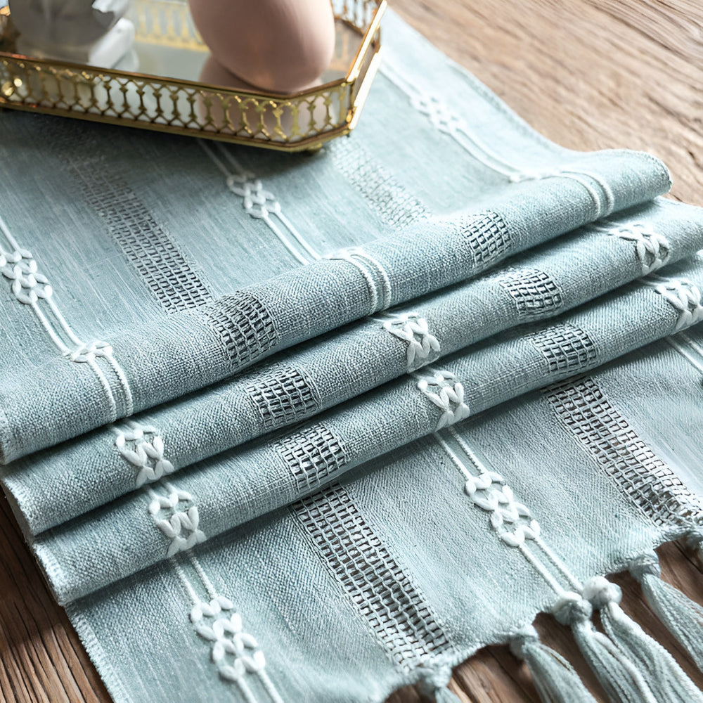 Blue Striped Table Runner | Fabric with Tassels