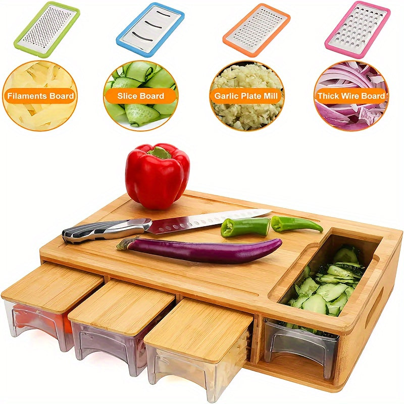 Bamboo Cutting Board | Kitchen Prep Station with Storage Trays & Graters
