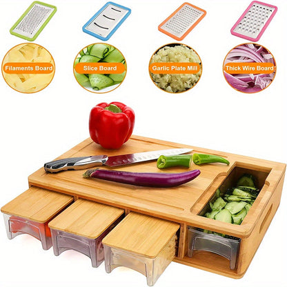 Bamboo Cutting Board | Kitchen Prep Station with Storage Trays & Graters