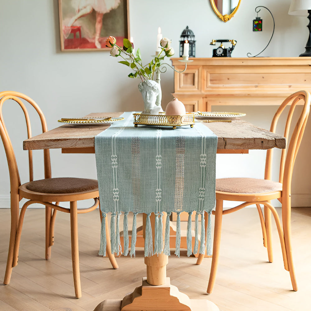 Blue Striped Table Runner | Fabric with Tassels