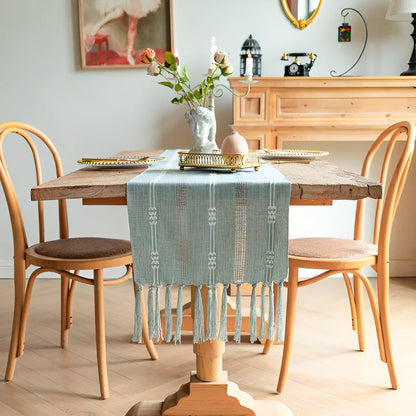 Blue Striped Table Runner | Fabric with Tassels