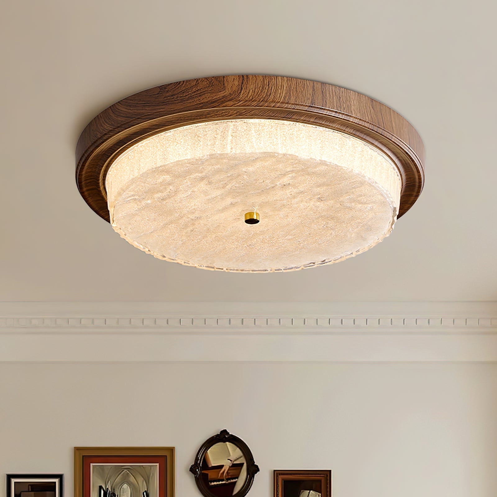 Wood Trim Round Flush Mount Ceiling Light