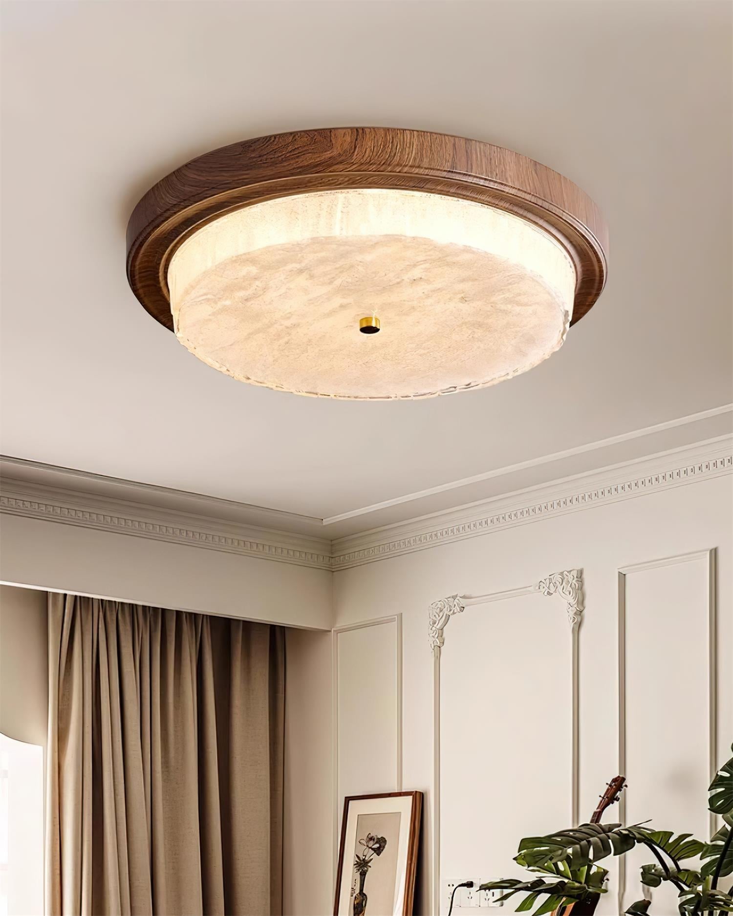 Wood Trim Round Flush Mount Ceiling Light