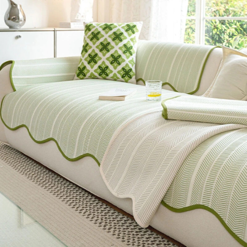 Scalloped Edge Couch Cover | Herringbone Sofa Bedding