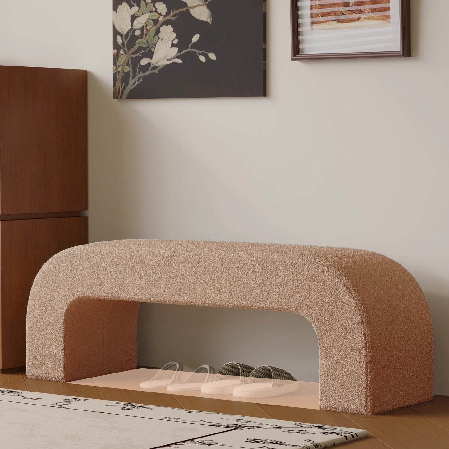 Boucle Upholstered Shoe Bench Wood Frame