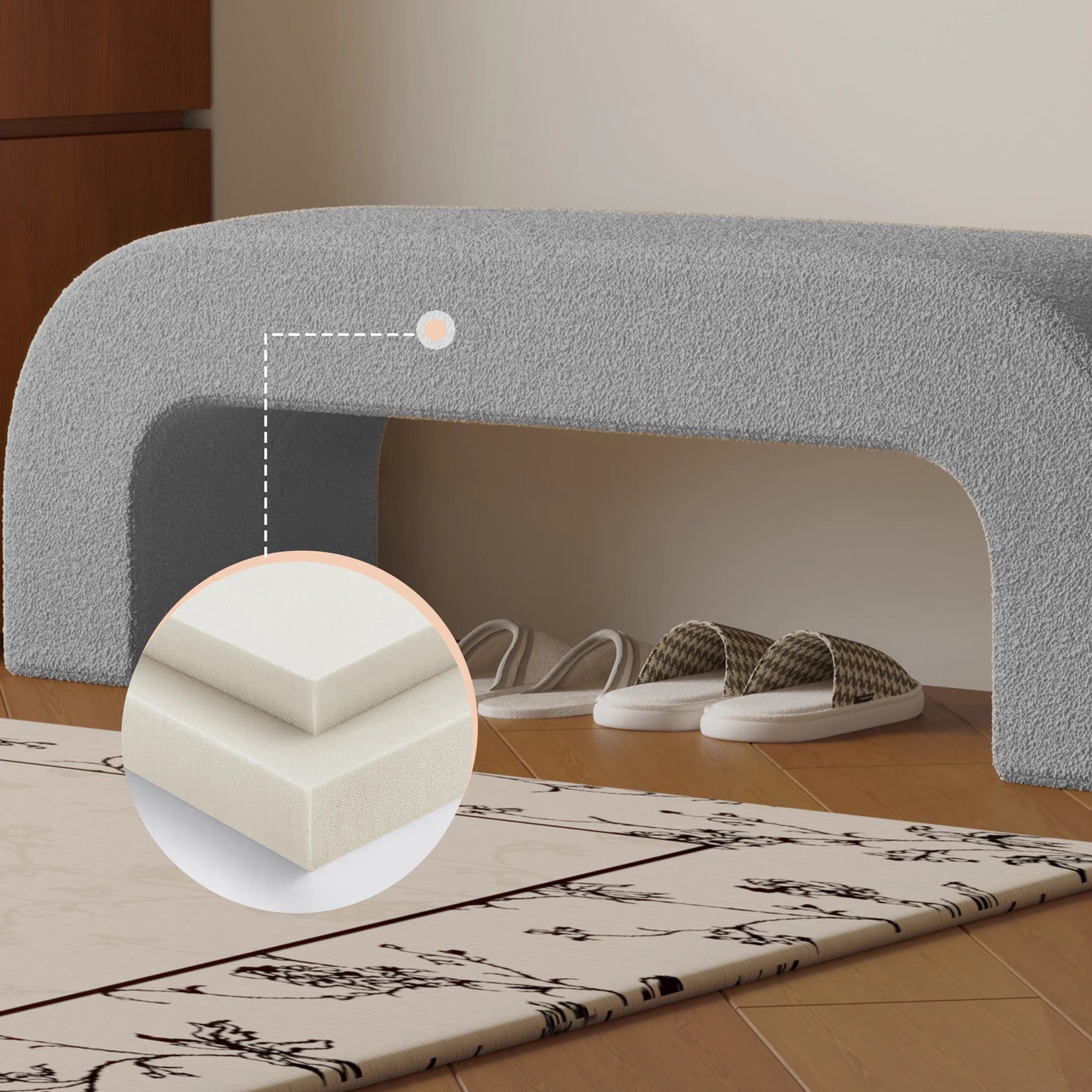 Boucle Upholstered Shoe Bench Wood Frame