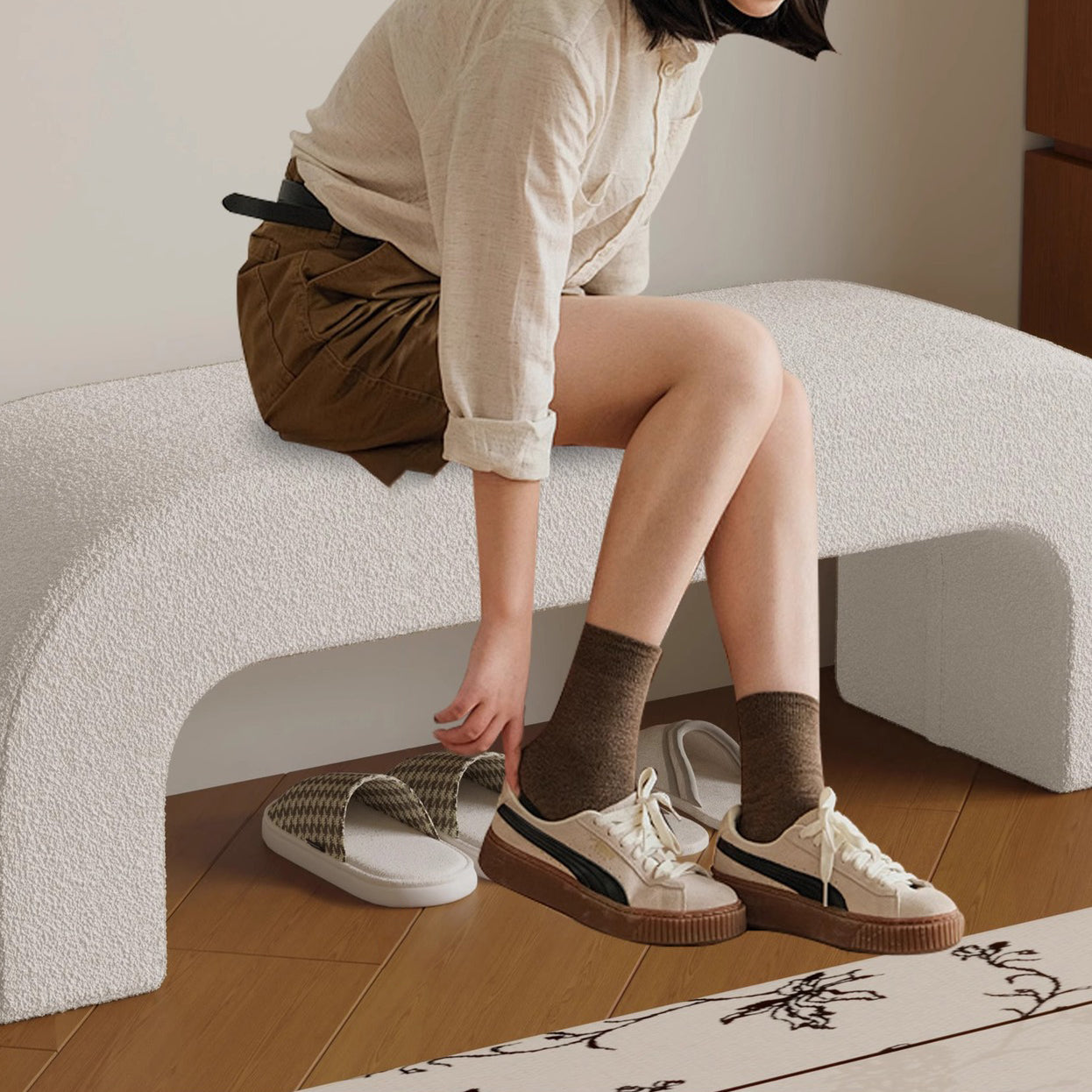 Boucle Upholstered Shoe Bench Wood Frame