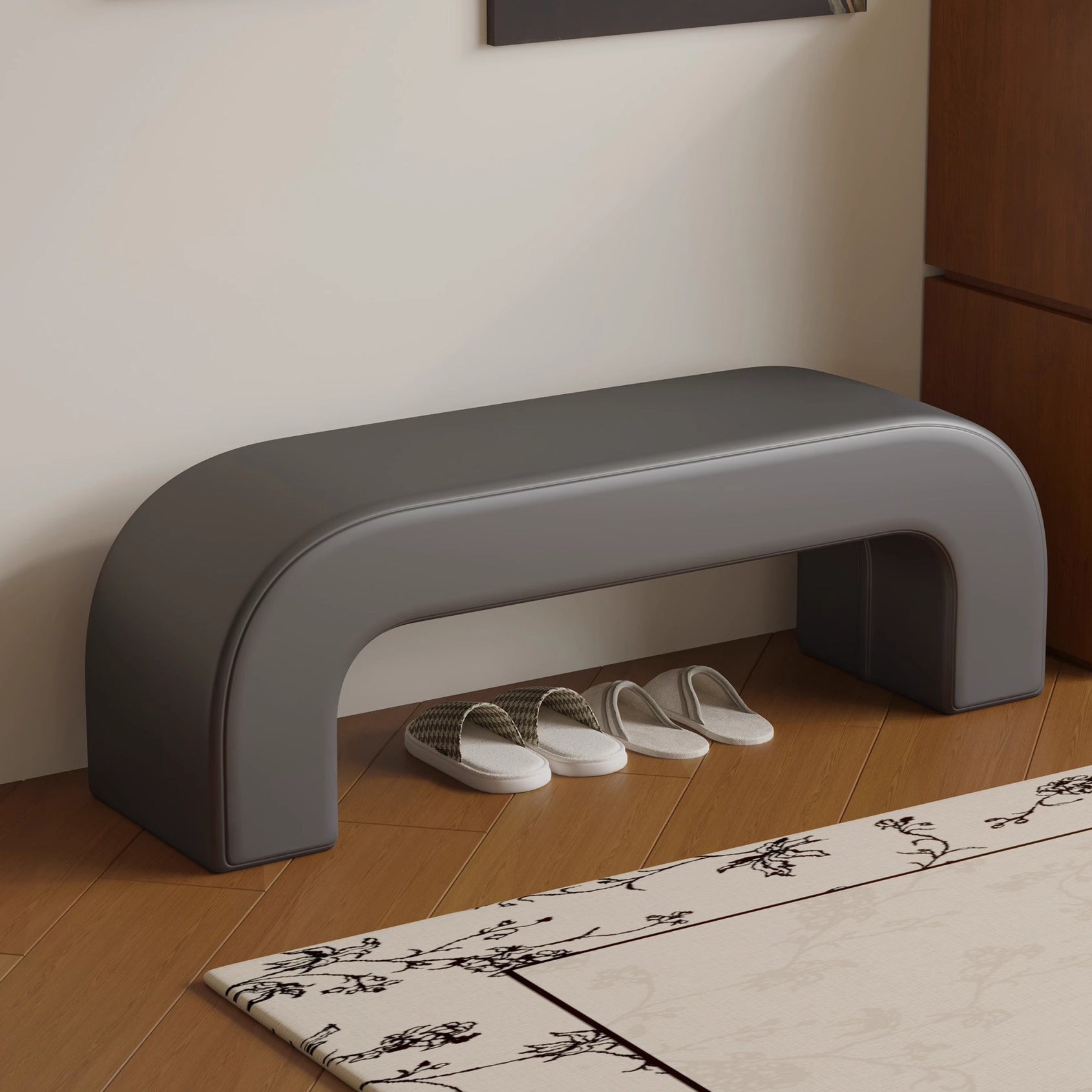 Boucle Upholstered Shoe Bench Wood Frame