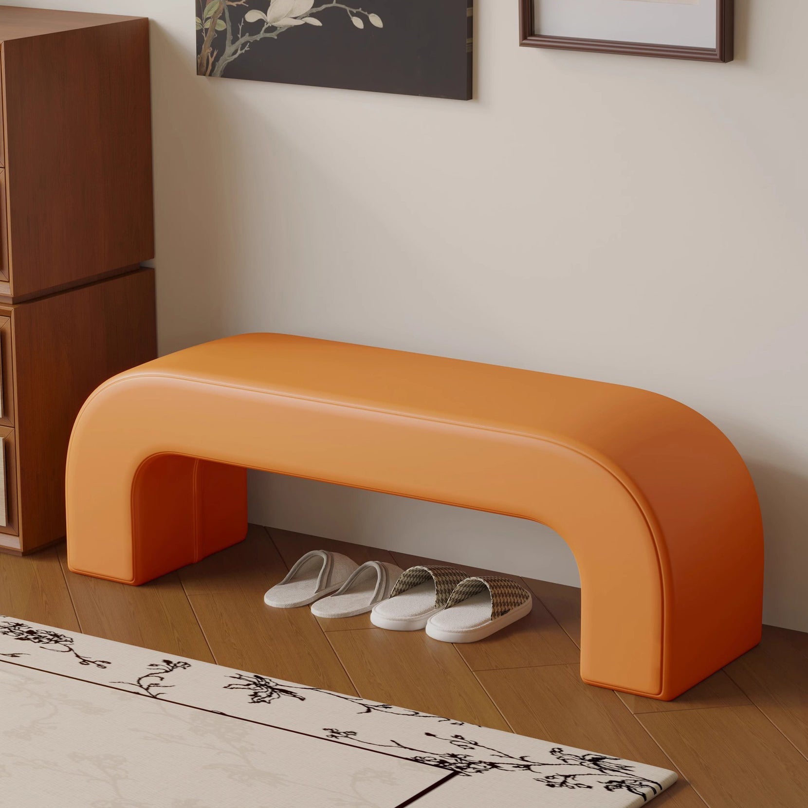 Boucle Upholstered Shoe Bench Wood Frame