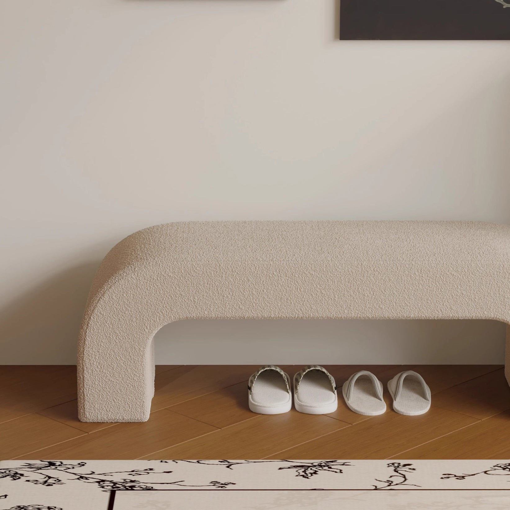 Boucle Upholstered Shoe Bench Wood Frame