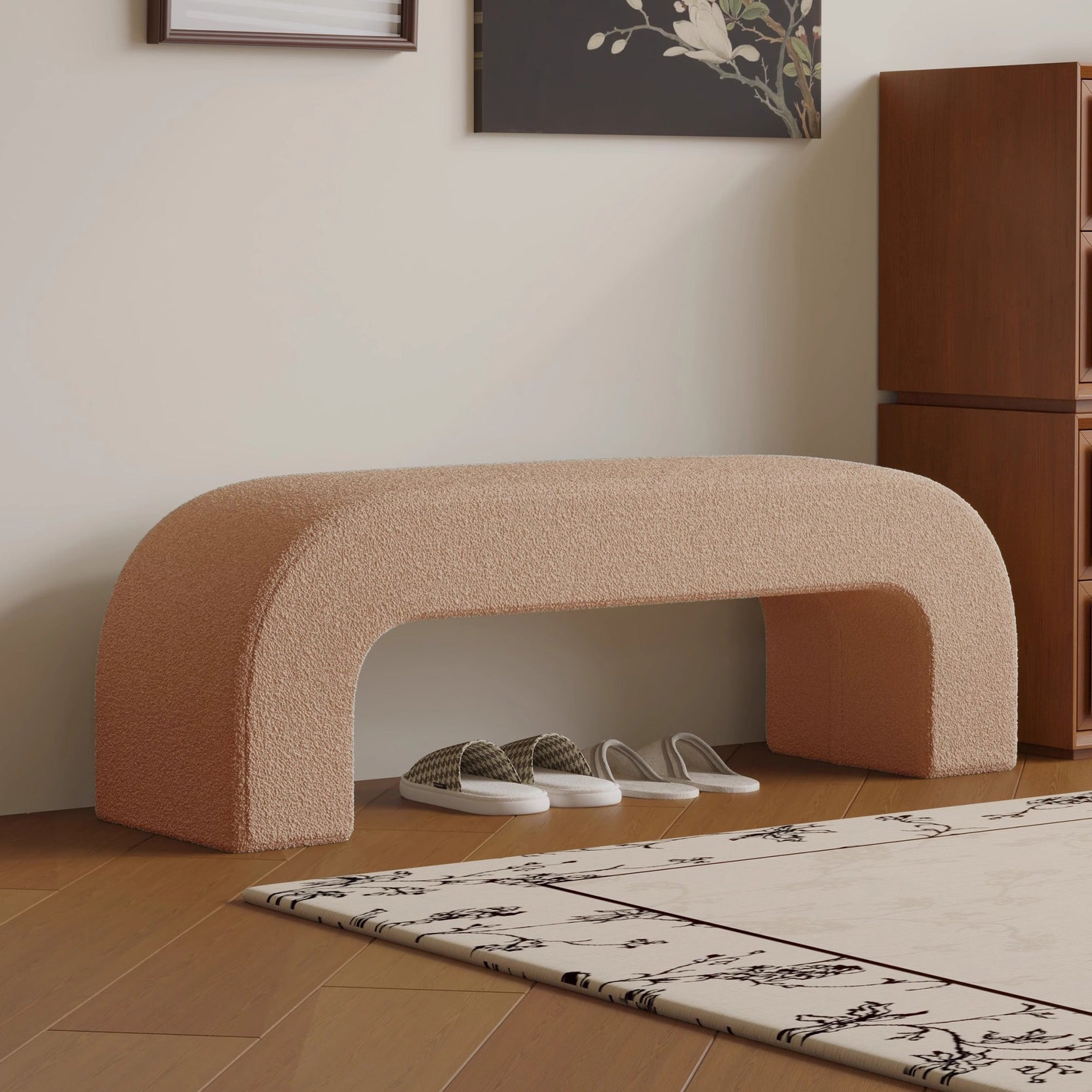 Boucle Upholstered Shoe Bench Wood Frame