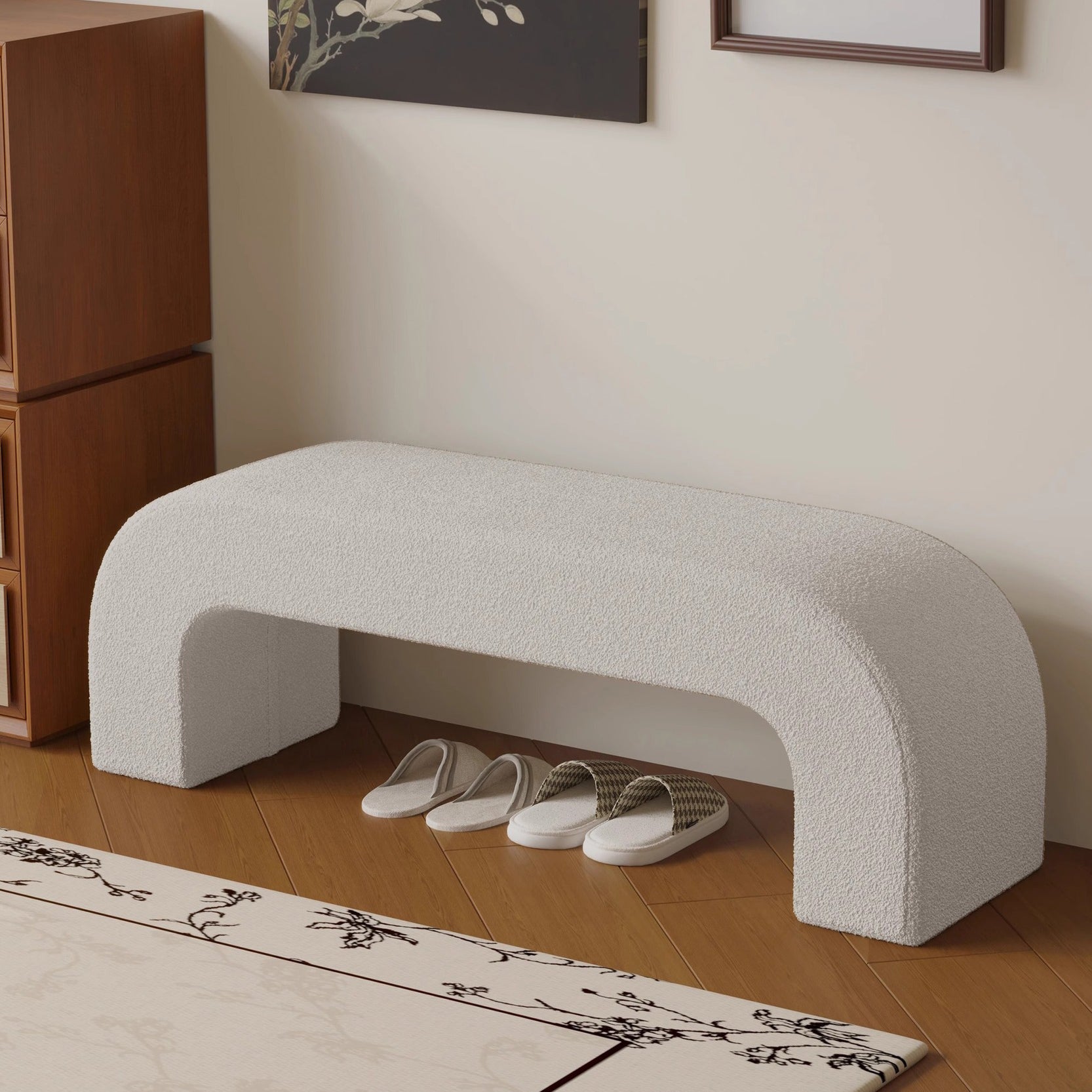 Boucle Upholstered Shoe Bench Wood Frame