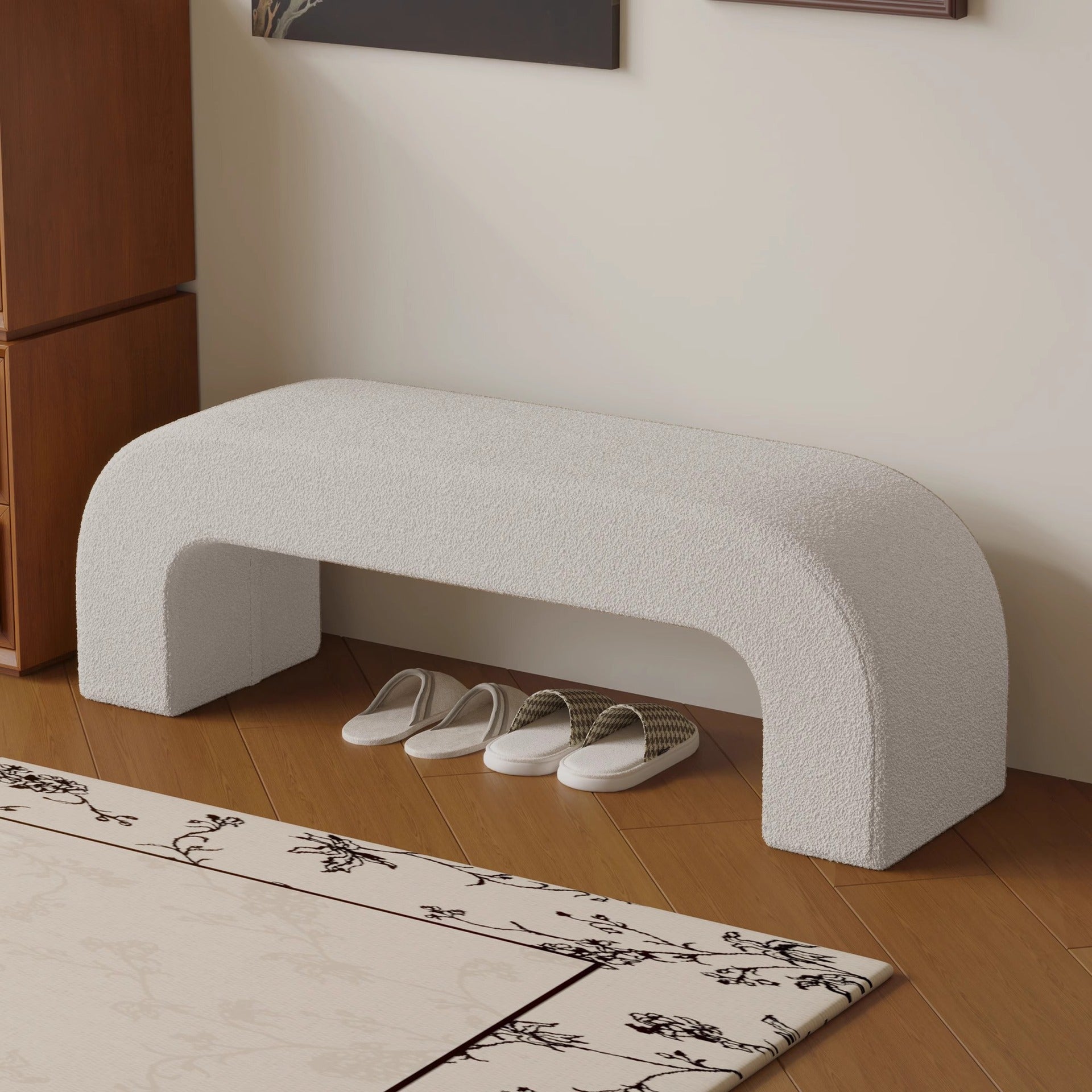 Boucle Upholstered Shoe Bench Wood Frame