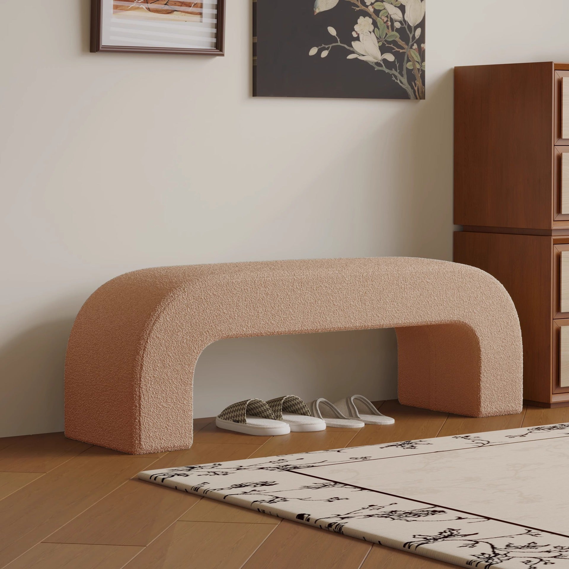 Boucle Upholstered Shoe Bench Wood Frame