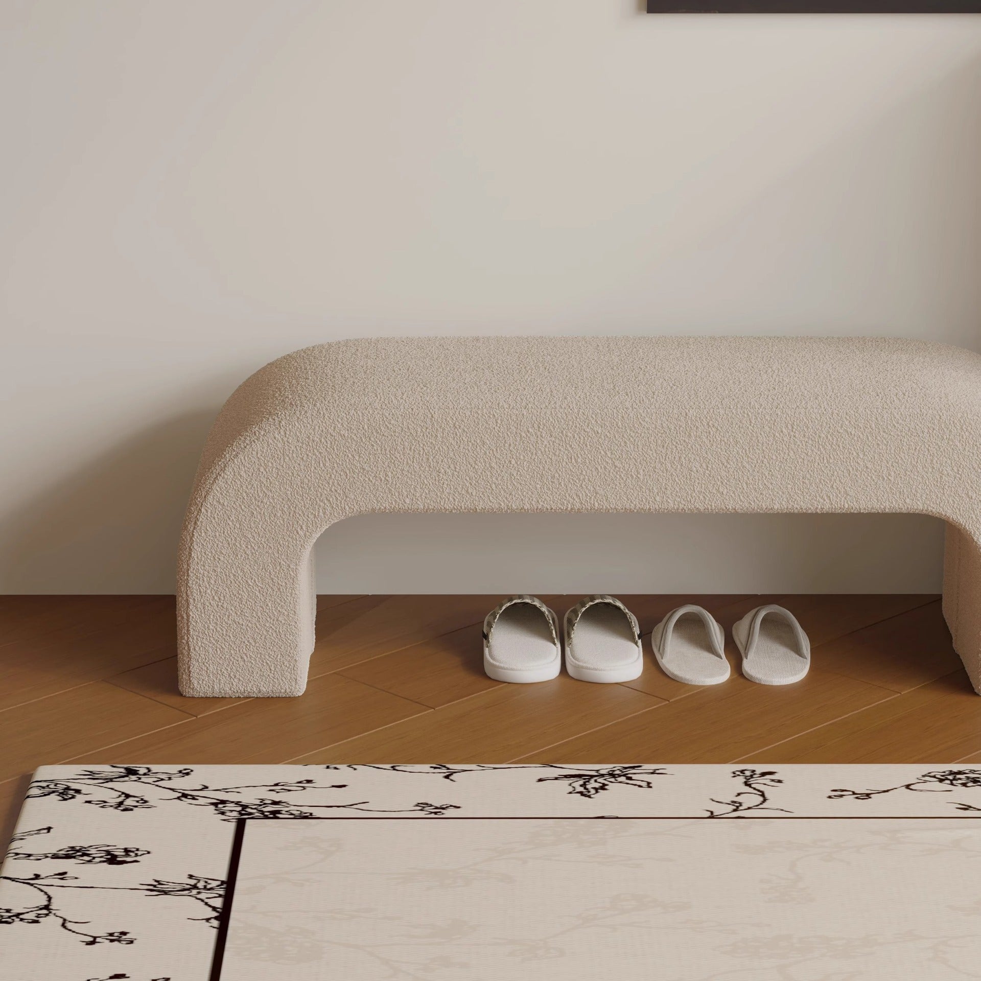 Boucle Upholstered Shoe Bench Wood Frame