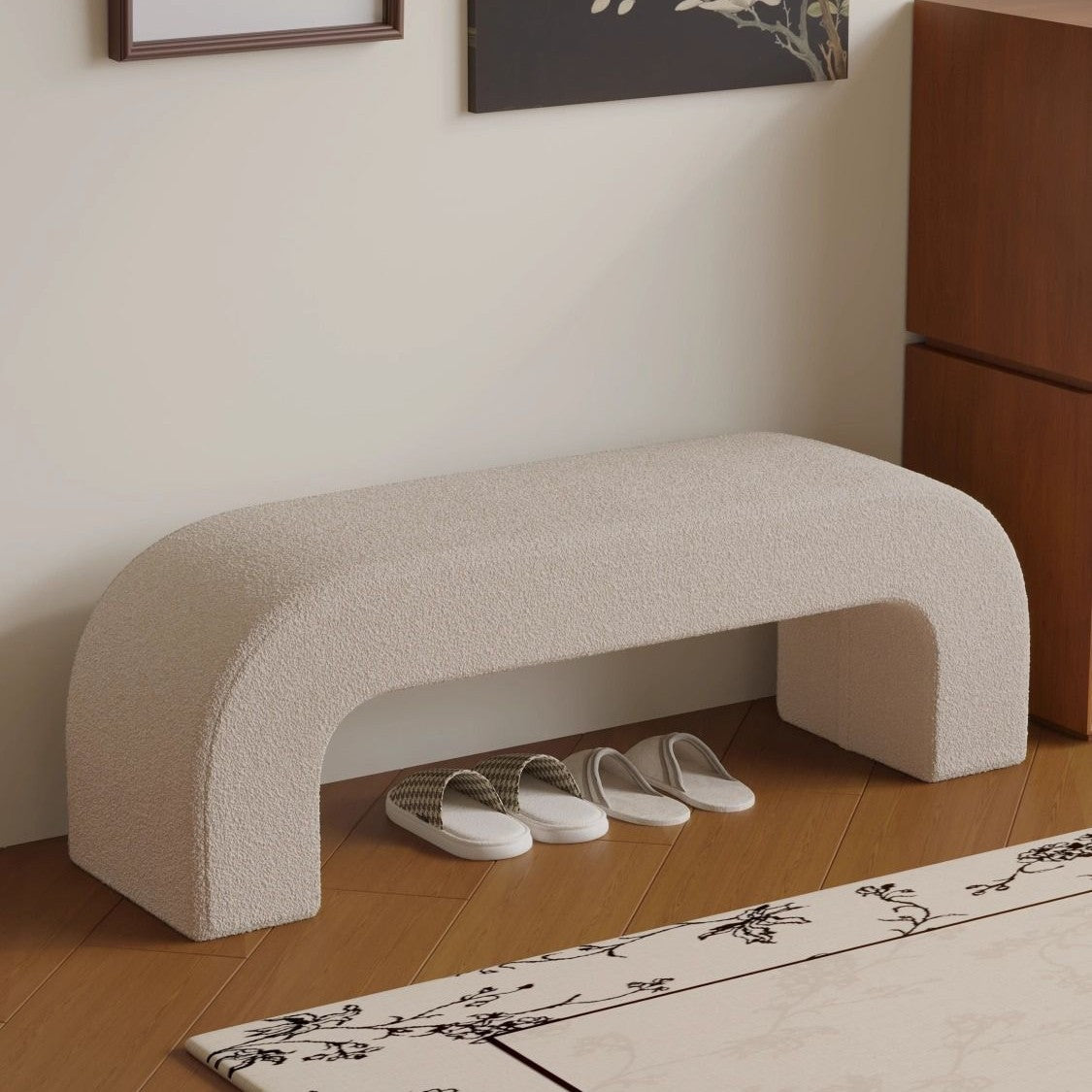 Boucle Upholstered Shoe Bench Wood Frame