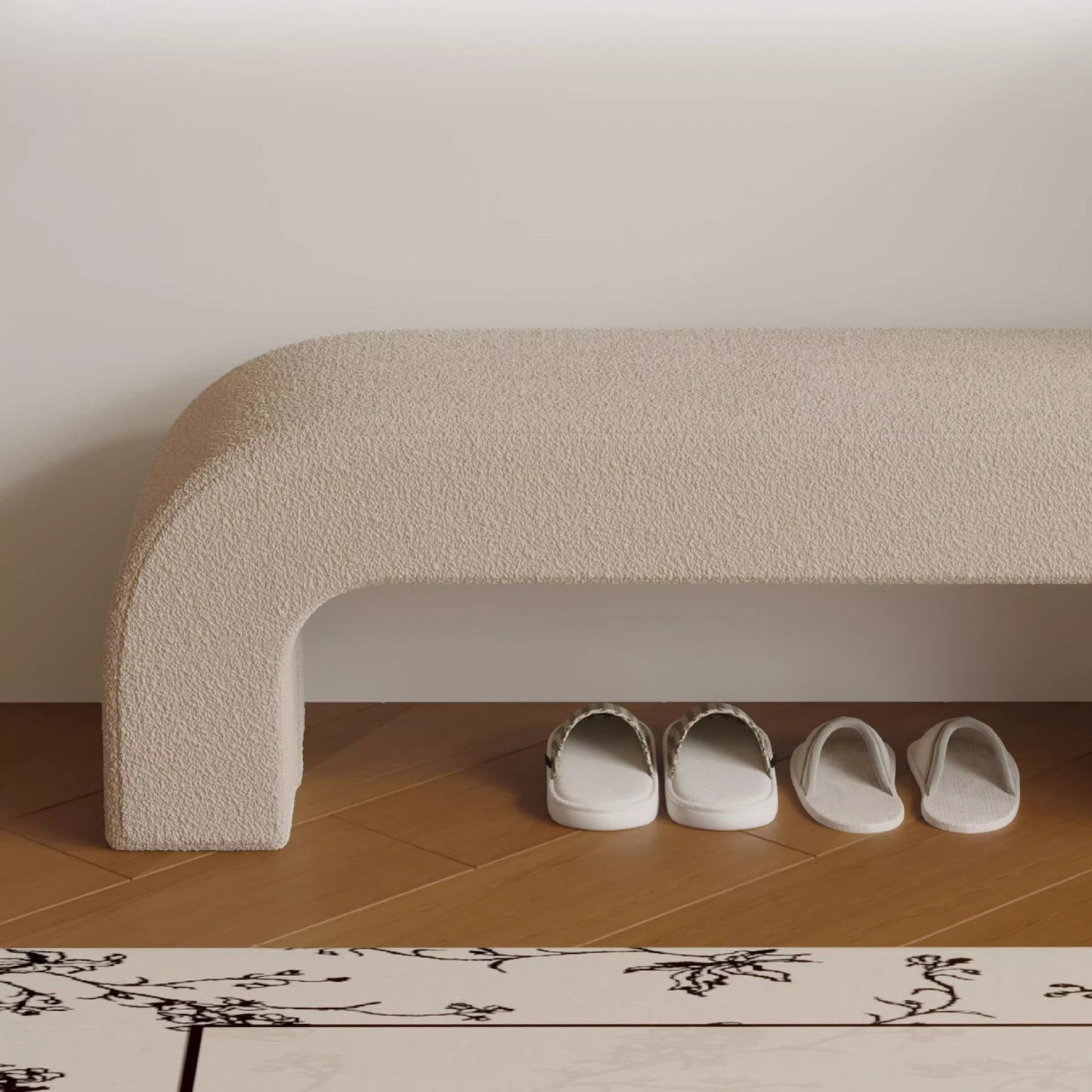 Boucle Upholstered Shoe Bench Wood Frame