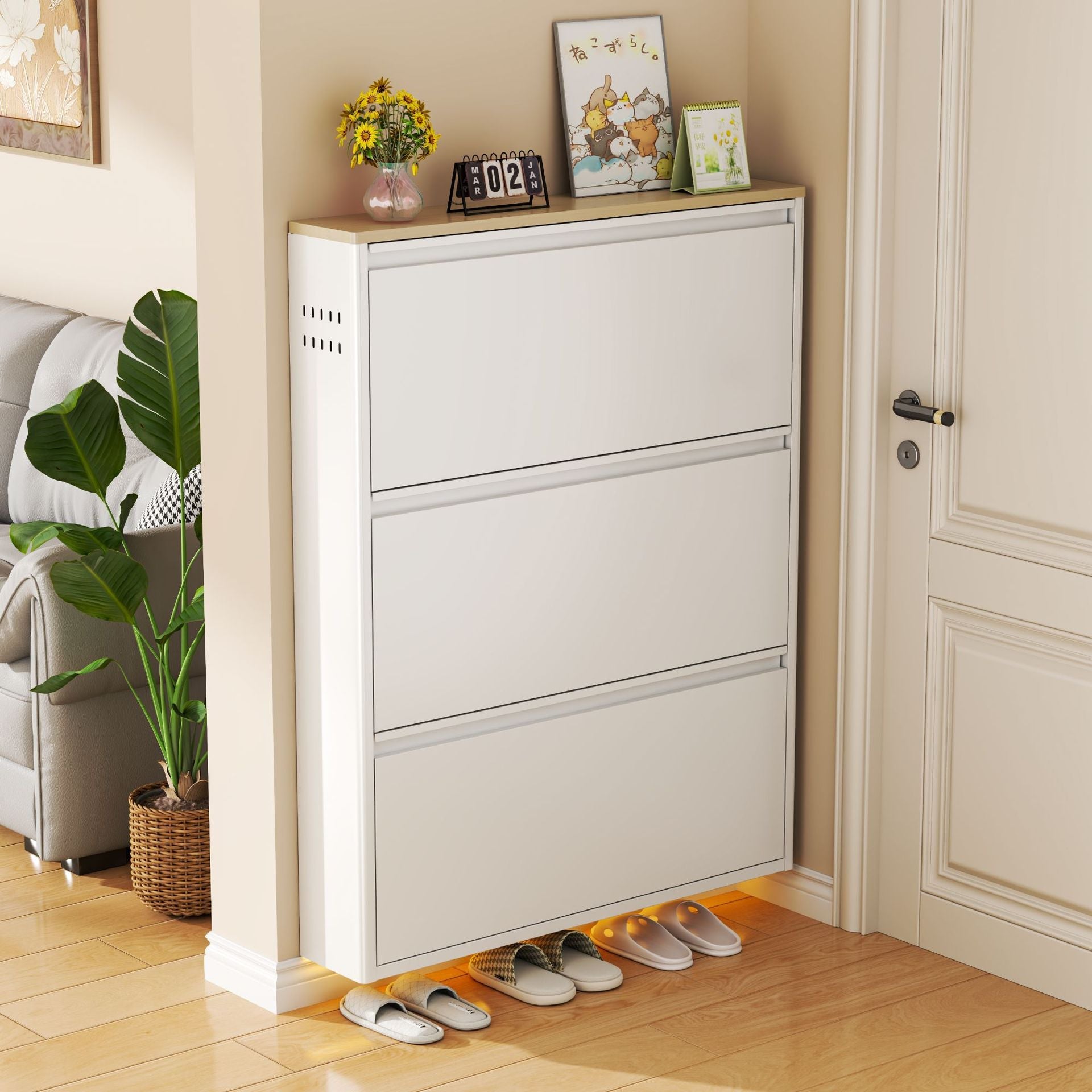 Slim Steel Flip Drawer Shoe Cabinet – Entryway Storage 3–4 Tier