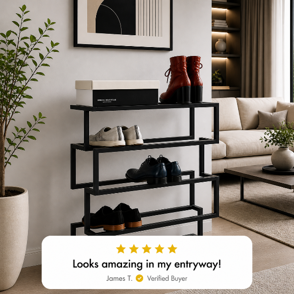 Modern 4-Tier Metal Shoe Rack – Minimalist Entryway Shoe Organizer shown in a styled entryways setting with finish and proportions visible.