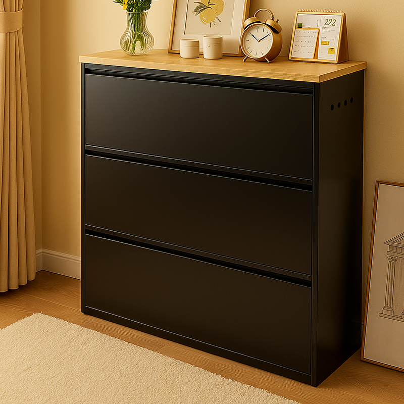 Slim Steel Flip Drawer Shoe Cabinet – Entryway Storage 3–4 Tier