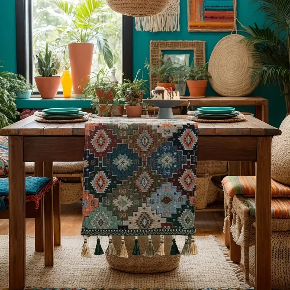 Geometric Table Runner | Colorful Pattern with Tassels